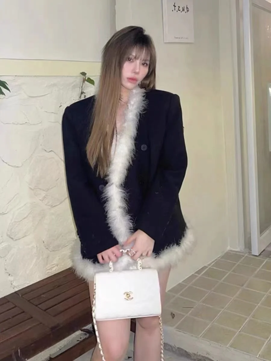 Black Suit Jacket Women's Design Sensation Autumn Winter New Style Small Size Furry Splicing Coat Commute Simple Style Button