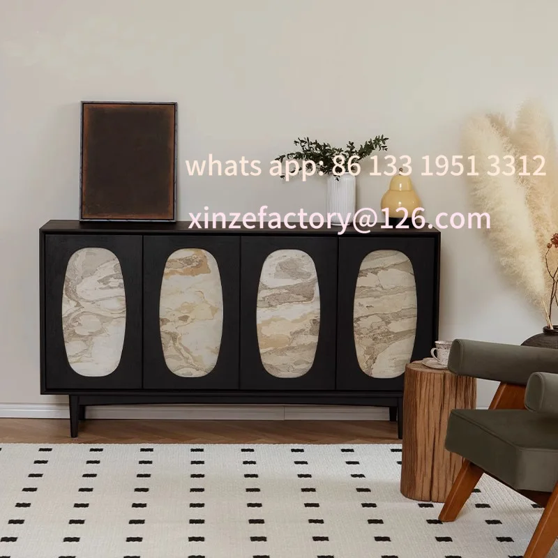 

Customizable French retro solid wood dining side cabinet, locker, antique rock slab, living room entrance entrance cabinet, wall