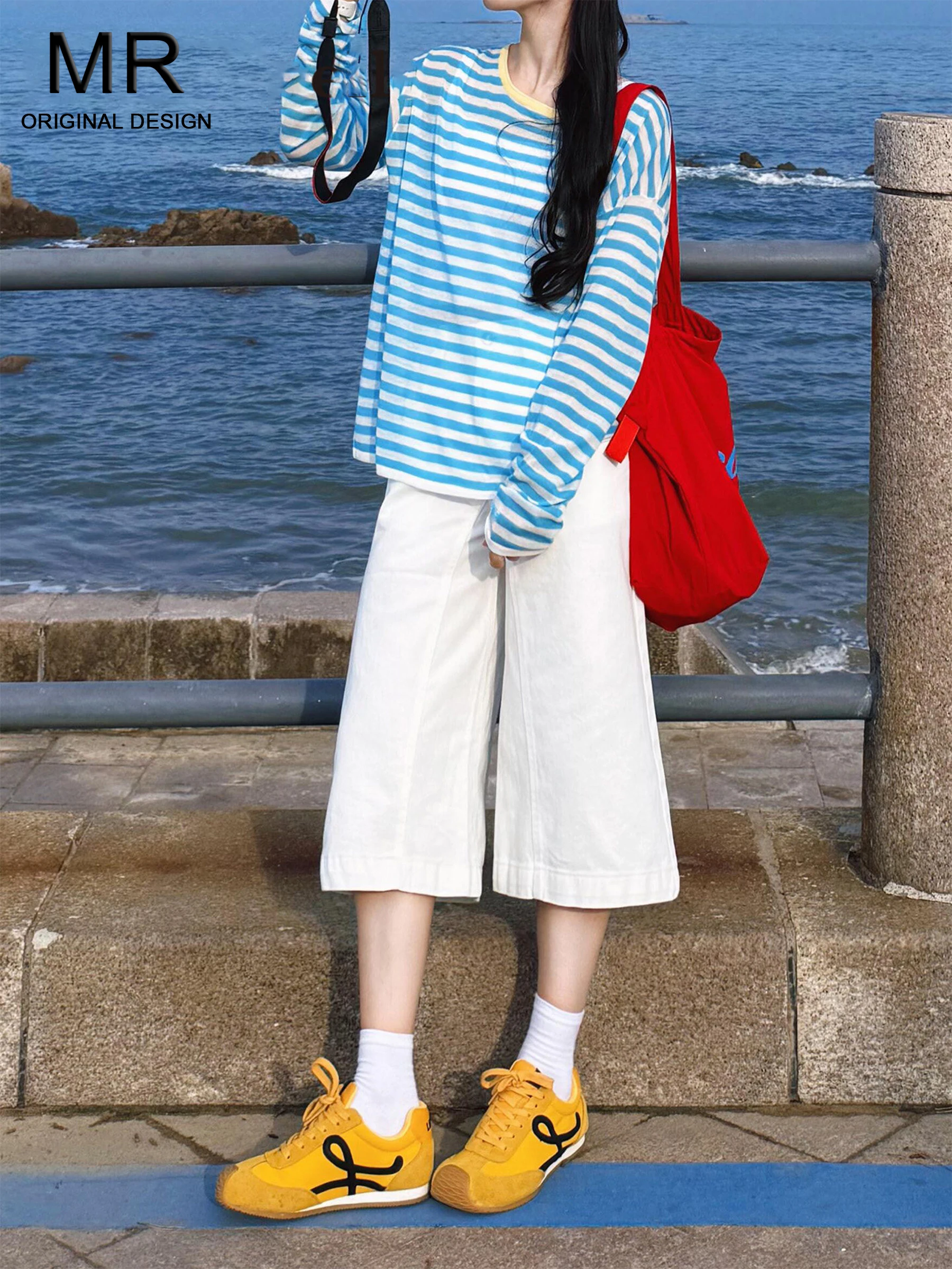 

American Style High Waist Loose Wide Leg Denim Shorts Women's White Summer Slimming Small Size Seven-Five Midi Pants