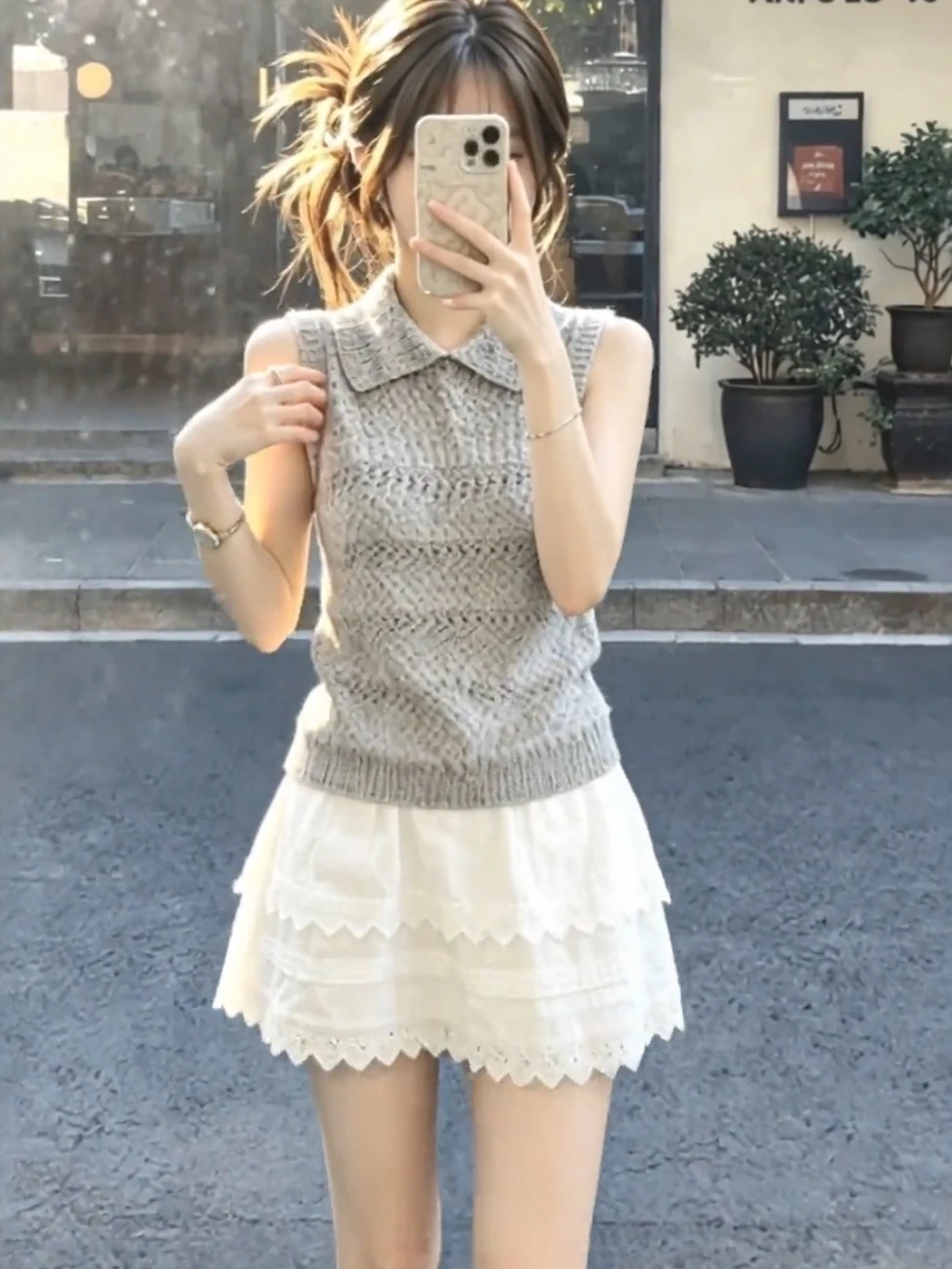 

Korean Design Sense Unique Personality Turn-down Collar Knitted Sleeveless Top A-line Skirt Two-piece Set Women Summer New
