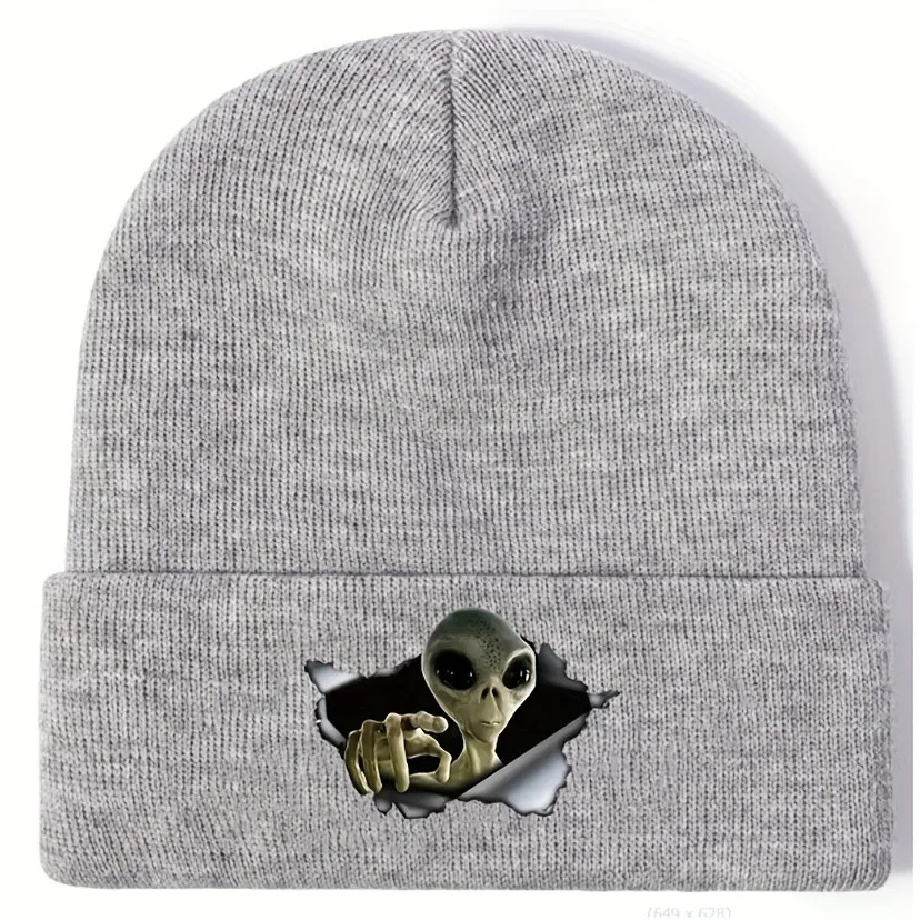 Alien Peeking Graphic Beanie Men Women Warm Knit Hat for Autumn Winter Casual Outdoor Wear