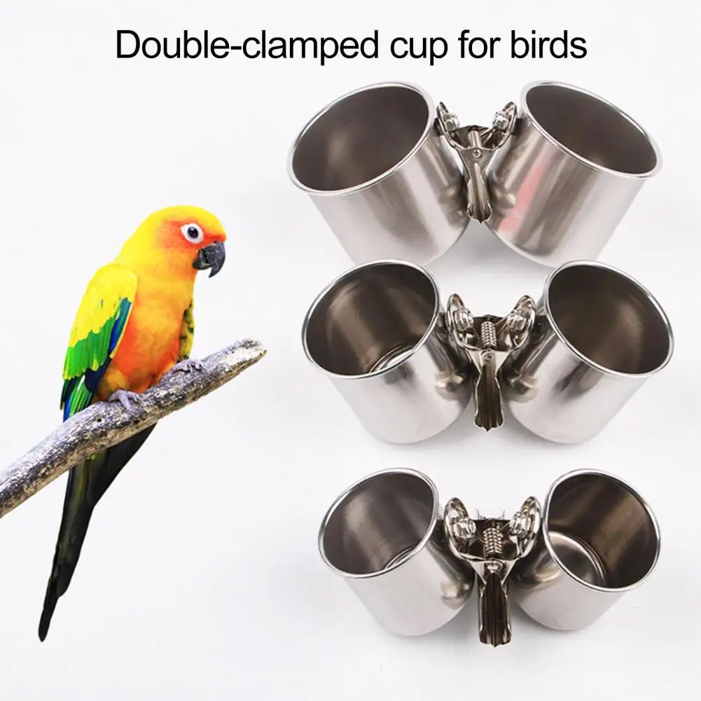 Bird Food Outdoor Bird Feeder Stainless Steel Bird Feeding Dish Cups Set with Clamp for Parrot Cage for Small for Cockatiel