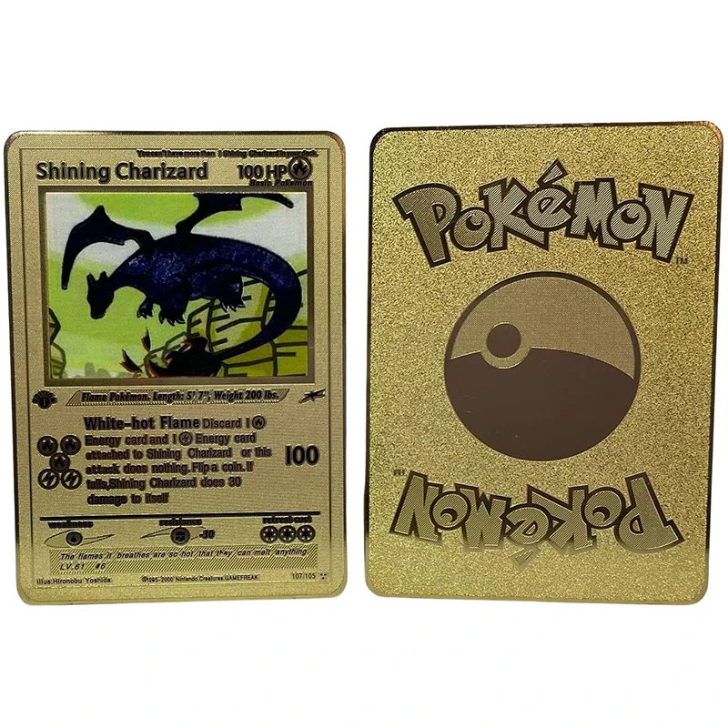 Coleção brilhante do cartão do metal do ouro do charizard, chama branco-quente, presente do brinquedo para crianças, 8,8*6,3 cm