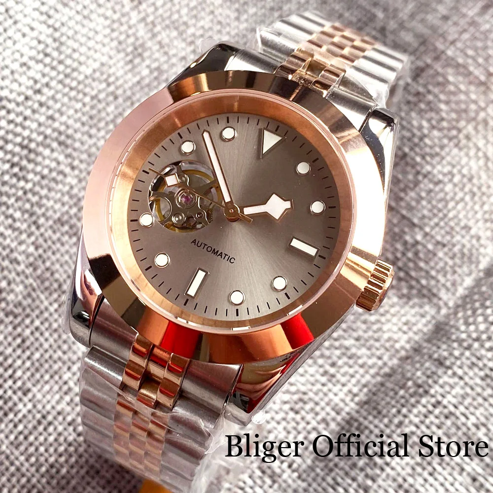 BLIGER NH38A Movement 36mm 39mm Automatic Watch Men Grey Dial Snow Flake Hand Rose Gold Polish Case Sapphire Glass Jubilee Strap