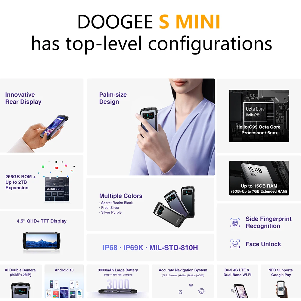 Imagem -02 - Doogee-smartphone Smini com Nfc 4g 45 na Tela Qhd 8gb Mais 256gb Helio G99 Inovador Visor Traseiro Câmera 50mp Carregamento Rápido 18w Celular 4g