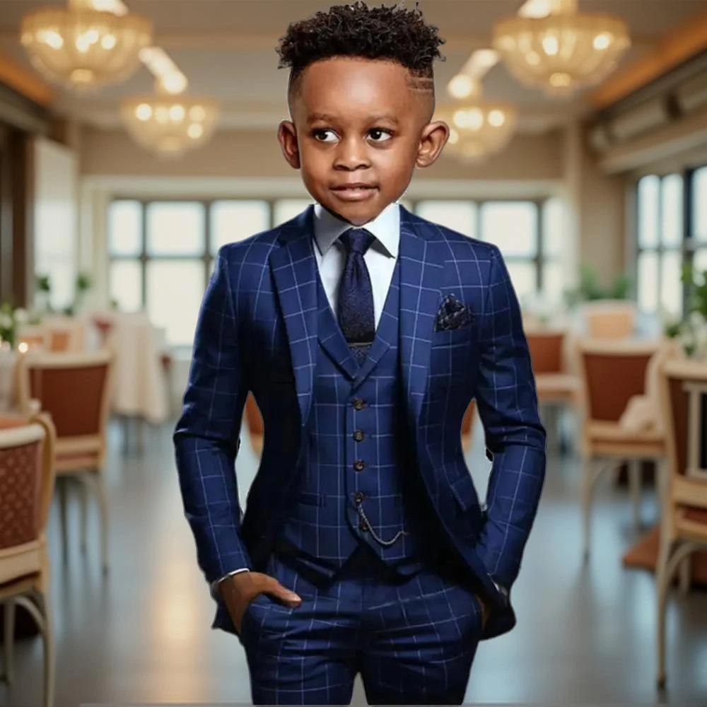 

Модный стильный костюм для мальчиков, свадебный смокинг, синий клетчатый пиджак с жилетом и брюками, облегающая детская модная праздничная детская одежда