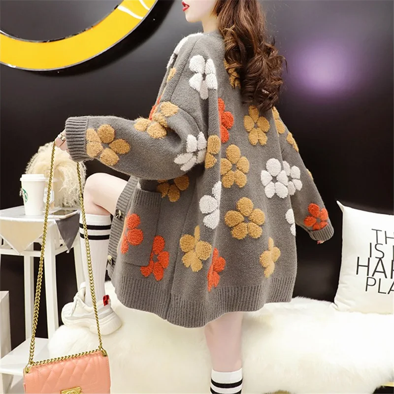 Embroidery Knitted Cardigan Women\'s Sweater Warm Long Sleeve Flower Print Pocket Jumpers Autumn Winter Loose Sweaters