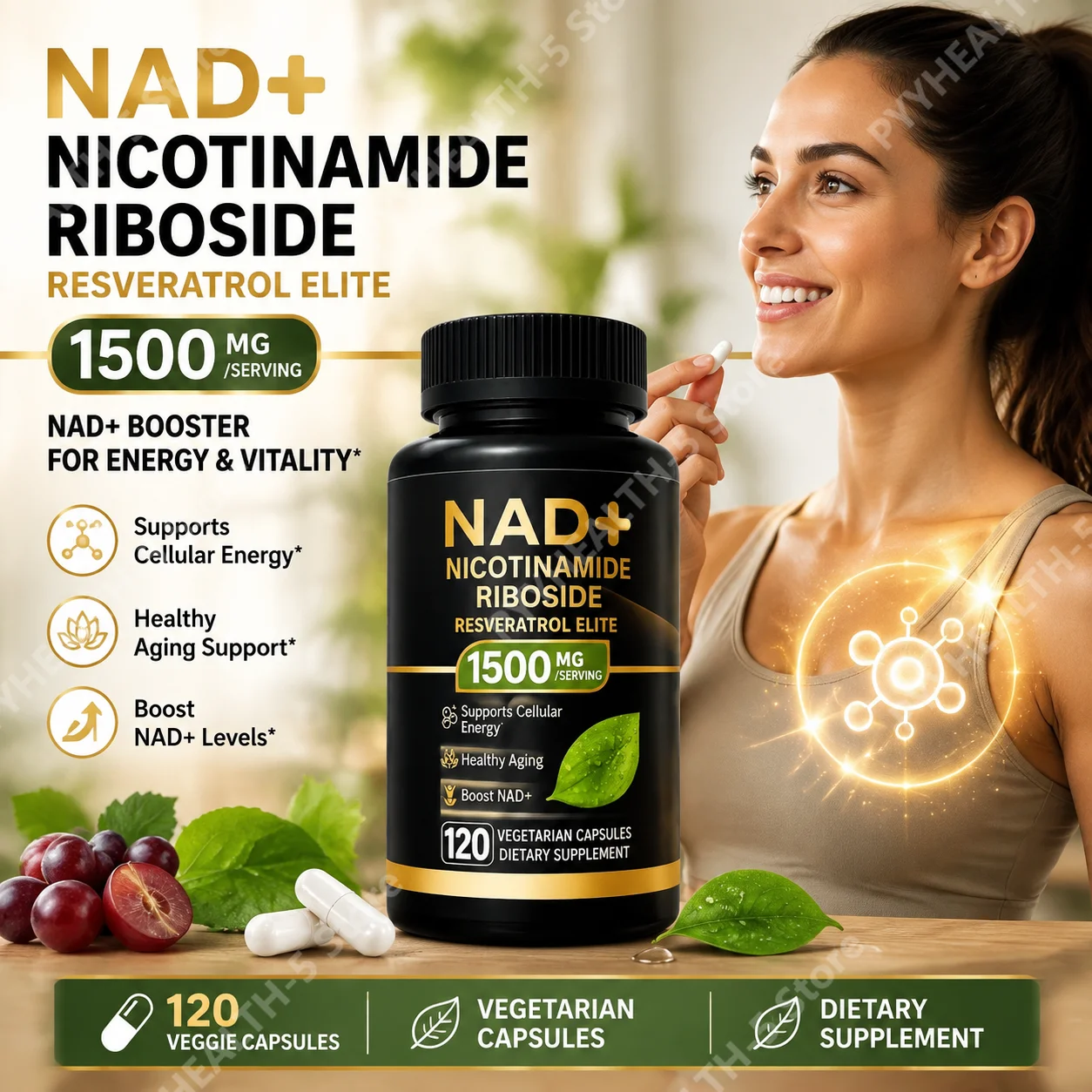 Liposomal NAD+ Capsules, 120 Count Nicotinamide Riboside & Trans‑Resveratrol Blend, Vegetarian Formula, Supports Healthy Aging