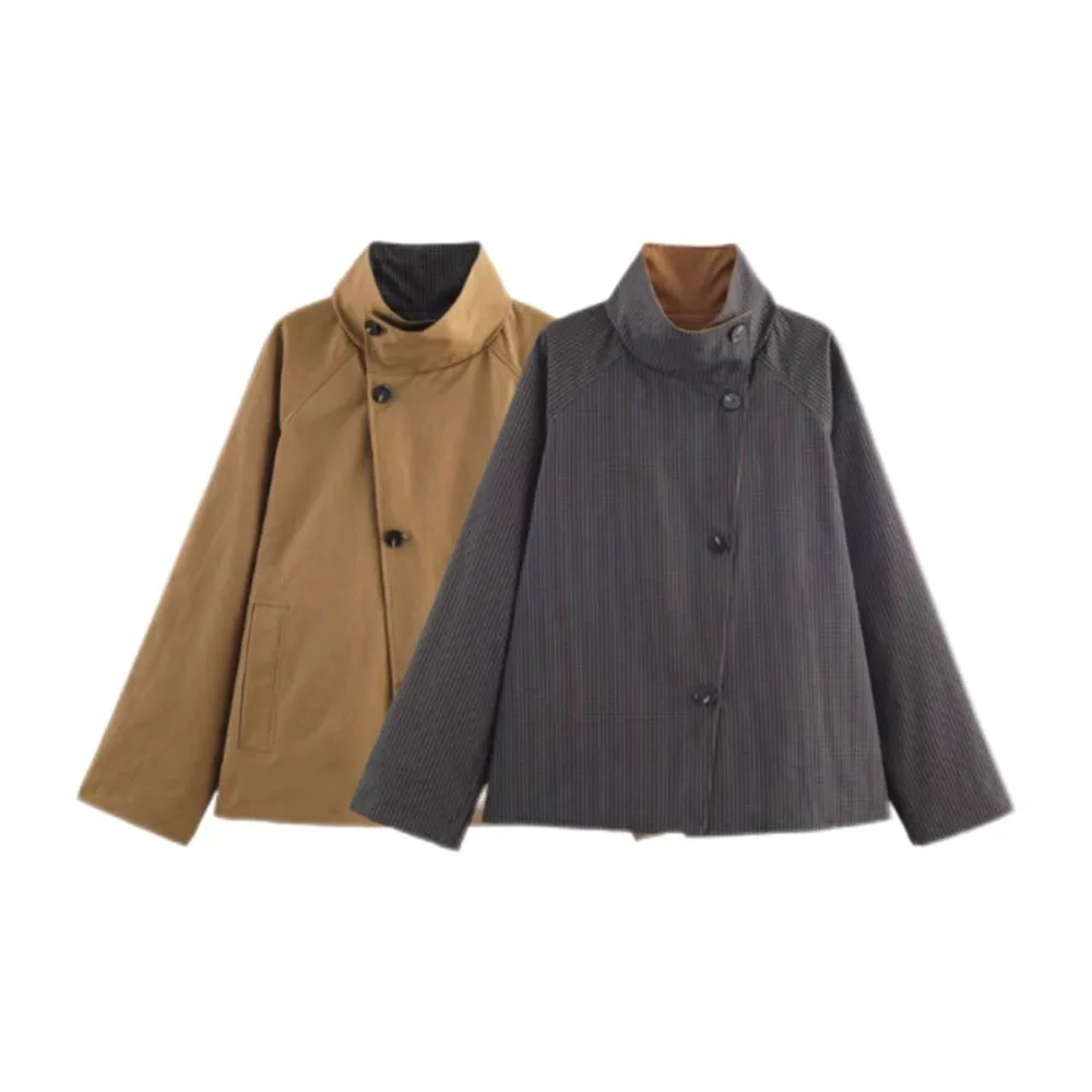 

Осенний новый женский однобортный однобортный плащ с высоким воротником и длинными рукавами, короткий двусторонний плащ