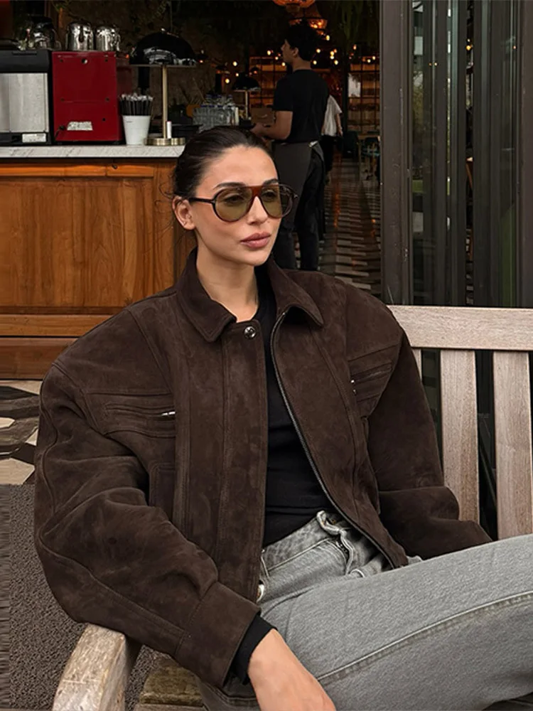 معاطف فضفاضة ذات طية صدر السترة للسيدات 2025 ملابس خارجية للصيف والخريف سترات نسائية عالية الشارع بسحابات موضة نسائية بأكمام كاملة متينة #6