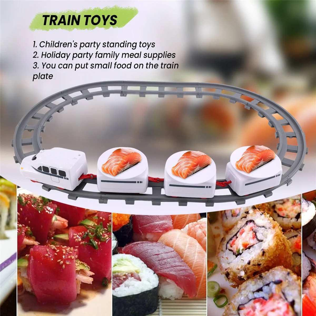 Trem de sushi rotativo, pista de brinquedo, correia transportadora, mesa giratória, conjunto de trem de comida para crianças, faça você mesmo, sushi familiar