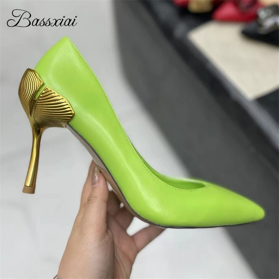 Genuine Leather Pointed Toe Women Pumps Individual Strange Heel Slim Dress Shoes For Girls Spring Autumn