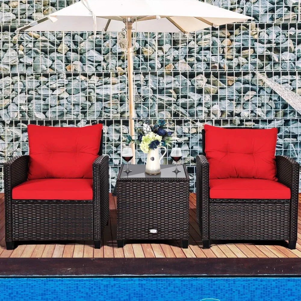 

3 Pieces Patio Furniture Set, PE Rattan Wicker 3 Pcs Outdoor Sofa Set w/Washable Cushion and Tempered Glass Tabletop,Garden Sofa
