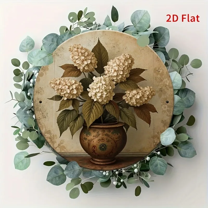 2D Flat, Vintage Hydrangea, Aluminum Metal Round Wall Art Decoration, Suitable for Indoor And Outdoor Use, Home Bar Garage Decor