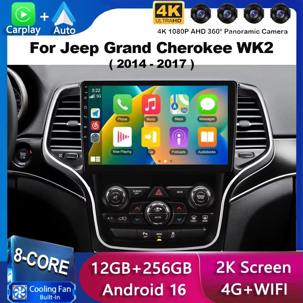 Android 16 Carplay Auto WIFI+4G For Jeep Grand Cherokee WK2 2014 2015 2016 2017 GPS Car Radio Multimedia Video Player Stereo