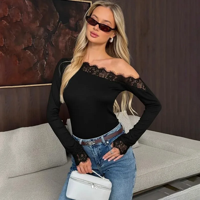 Tuularose Sexy Off-Shoulder Tops Women's Fashion Lace Solid Long Sleeve T-shirt Autumn Vintage High Street New Casual Women Tops
