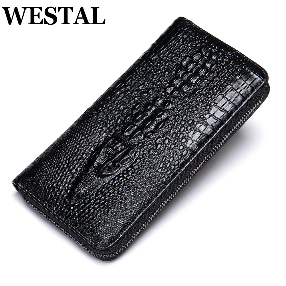 WESTAL Genuine Leather Wallet for Men Credit Card Holder with ID Window Croco Design Long Slim Wallet Clucthes for Phone 1232