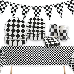 Black and white checkerboard Theme Birthday Party Decorations Disposable Tableware Set Paper Plates Napkins Cups