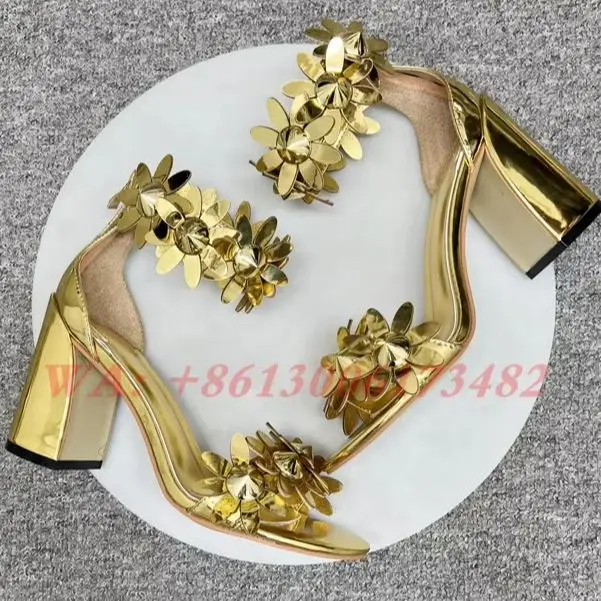 design brand woman gold chunky heel daisy spikes patent leather sandals sexy lady open toe thick heel daisy spikes buckle sandal
