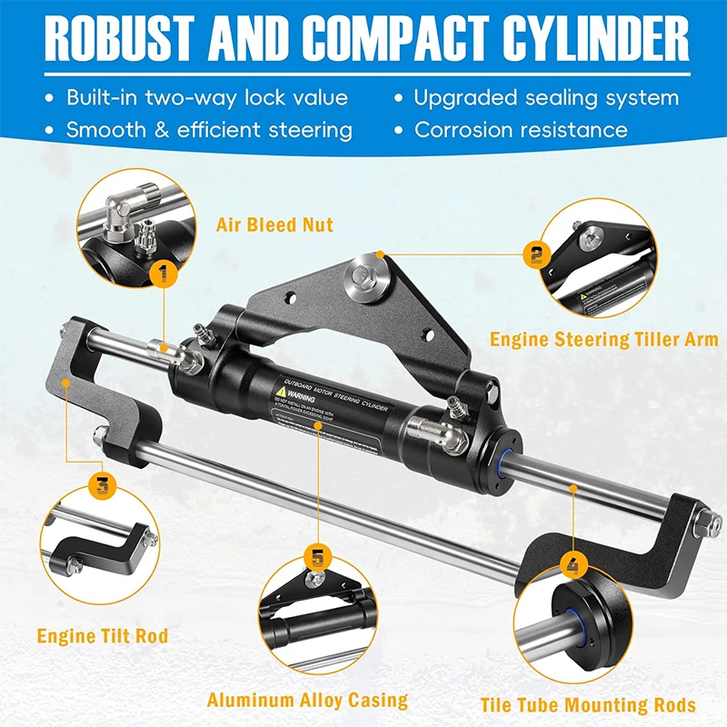 HC5345-3 Hydraulic Steering Cylinder for Outboard Boats up to 300HP, Front Mount, Max Pressure 10.3MPa/1500PSI with ORB Fittings