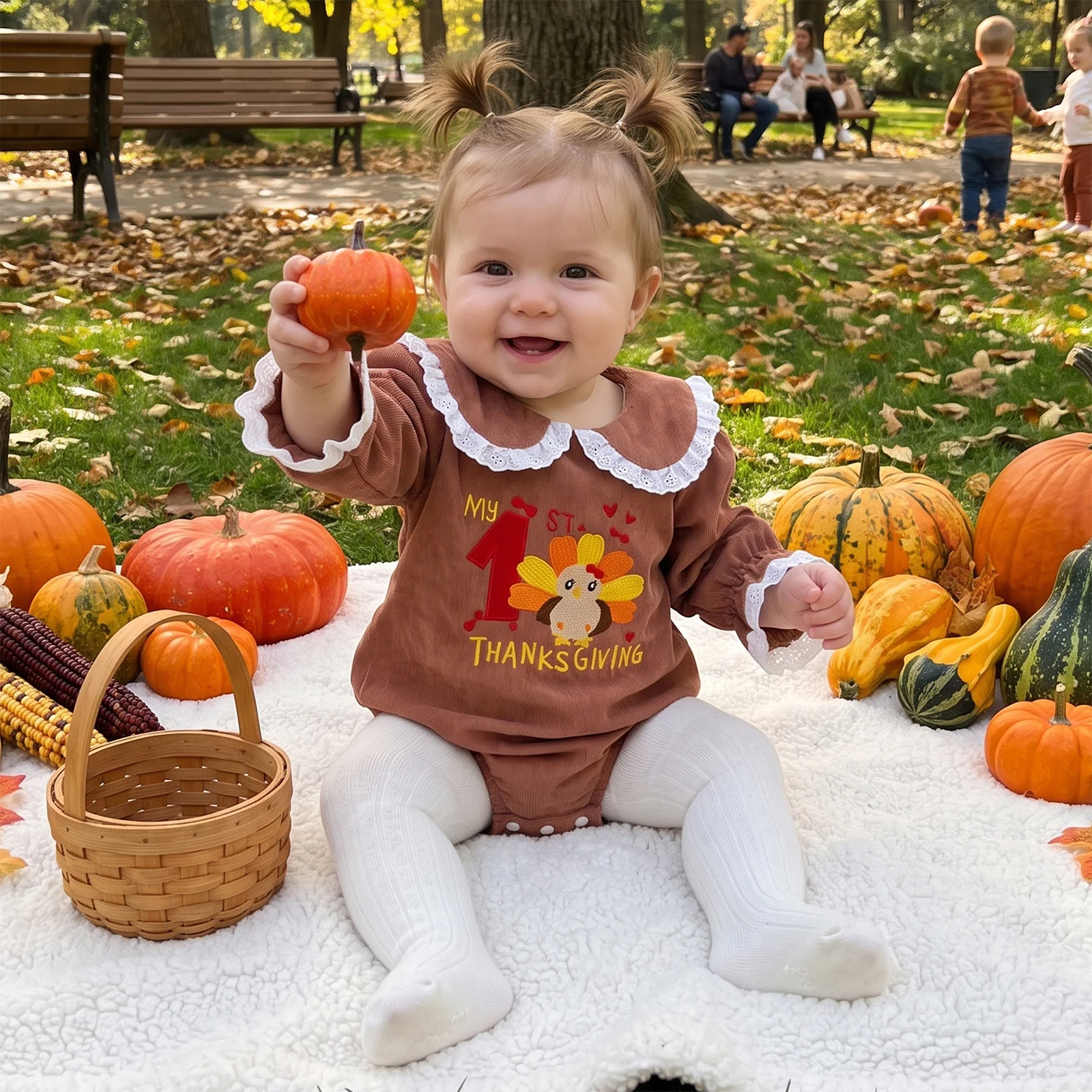 Baby Girl Thanksgiving Romper Long Sleeve Turkey Embroidery Bodysuit