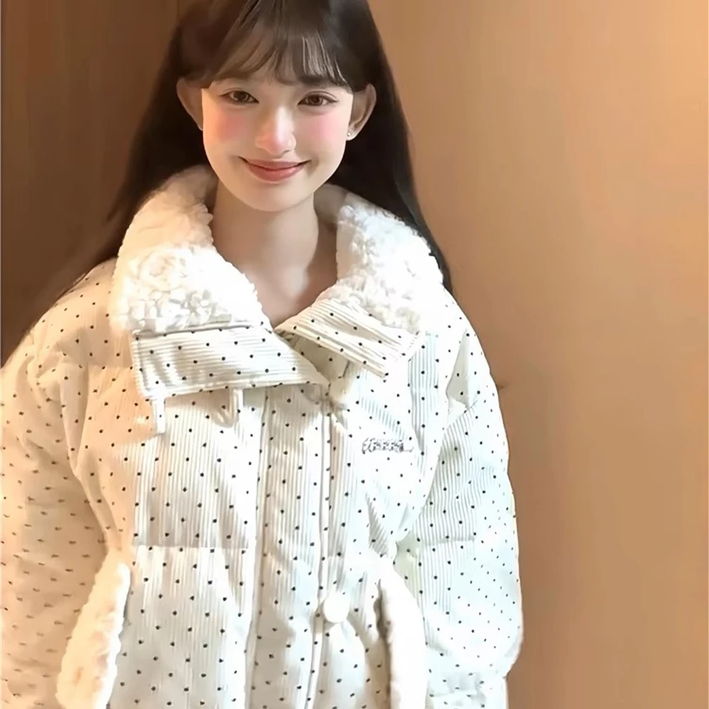 Korean Sweet Women Cotton Clothes Polka Dot Parka Sweet Lapel Cotton Jacket Thicken Tops Sweet Girl Winter Cotton Jacket Coat - view 3