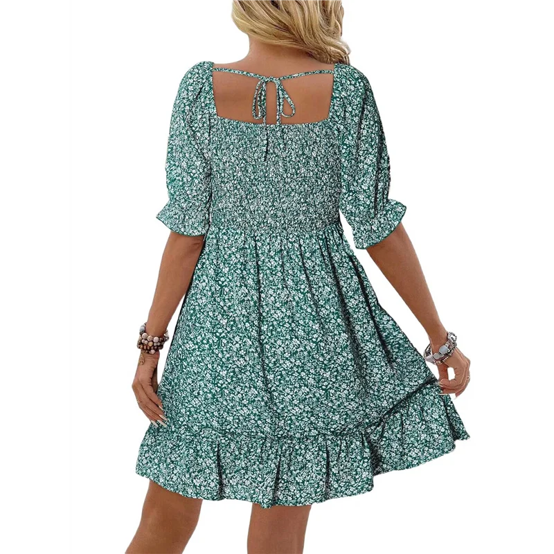 NUOVI-Vestiti estivi casual da donna Manica corta Collo quadrato Smocked Boho Floral Sundress Flowy A-Line Mini abito