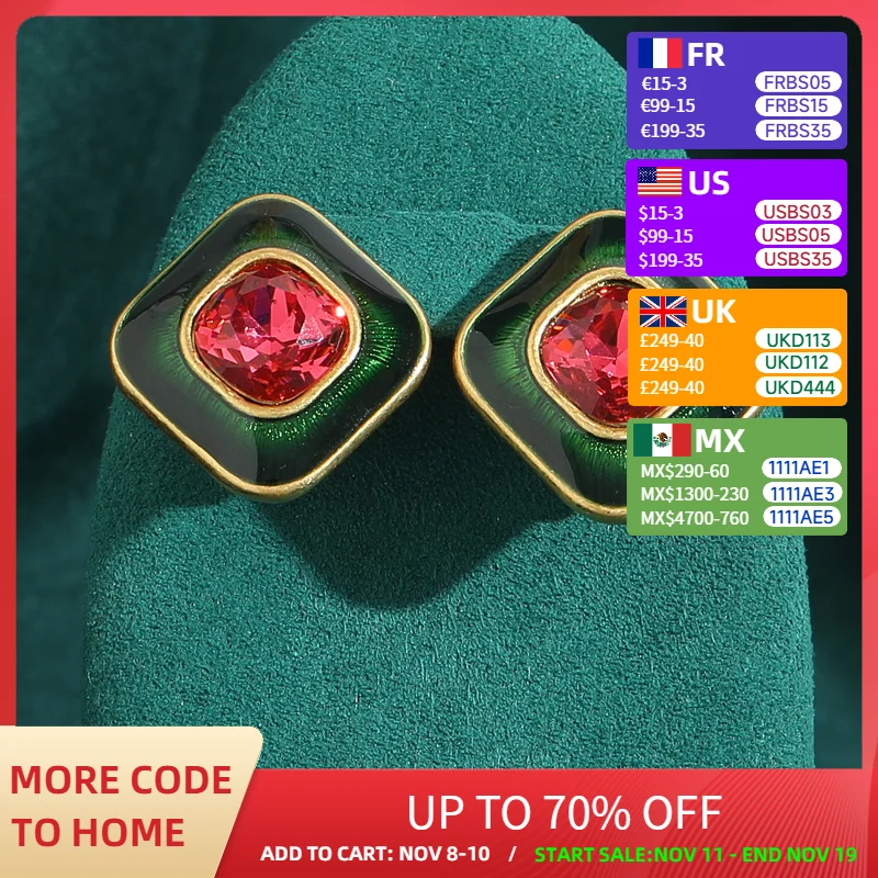 

Vintage Crystal Square stud earrings for women retro Modern Bohemian Green Enamel Sugar Pink Korean Ear Rings Jewelry 2024