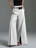 Urban Female Suit Pants  New Fashion Black White Color Loose Straight Pant High-Waisted Pleated Split-Front Trousers