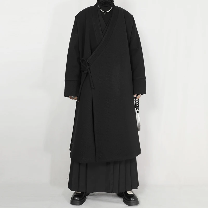 

Original men's clothing new autumn/winter Chinese style standing collar, side slit, tied rope, long woolen coat jacket