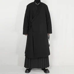 Original men's clothing new autumn/winter Chinese style standing collar, side slit, tied rope, long woolen coat jacket