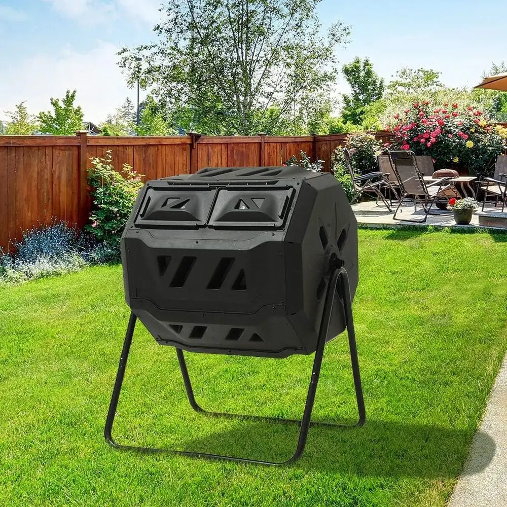 Rotating Compost Tumbler Bin, Large Dual Chamber Outdoor Garden Composter with Wider Animal-Proof Sliding Door for Home Garden C
