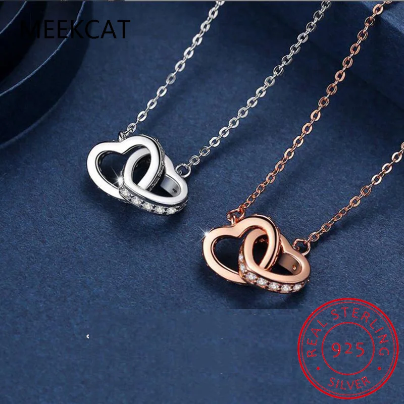 All Moissanite Necklace for Women S925 Pure Silver Double Heart Design Laboratory Diamond Pendant Fashion Luxury Jewelry Choker