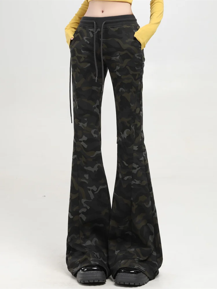 Retro American Camouflage Dstring Wide Leg Pants Women plus Size Autumn Spicy Design Sense Straight Flared Casual Pants