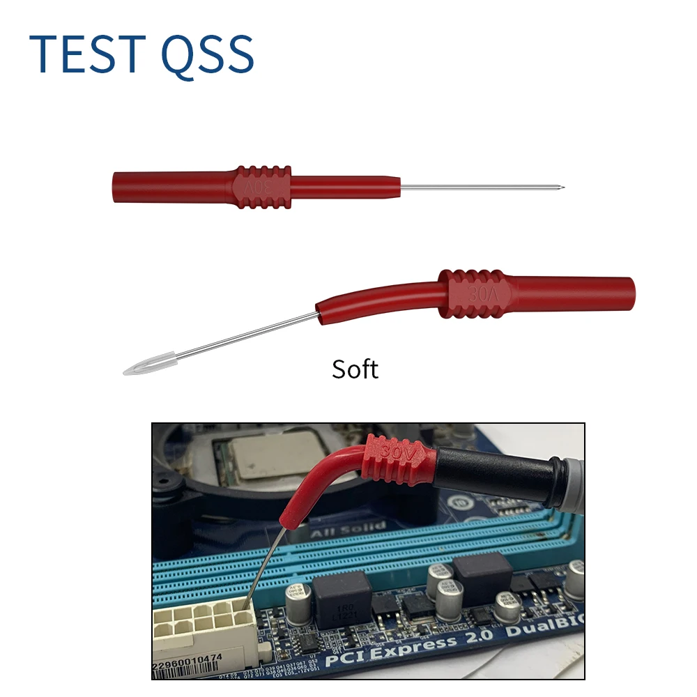 QSS 2PCS punte per sonde di prova flessibili pieghevoli con presa a Banana impilabile da 4mm perno per sonda posteriore per Piercing Q.30010