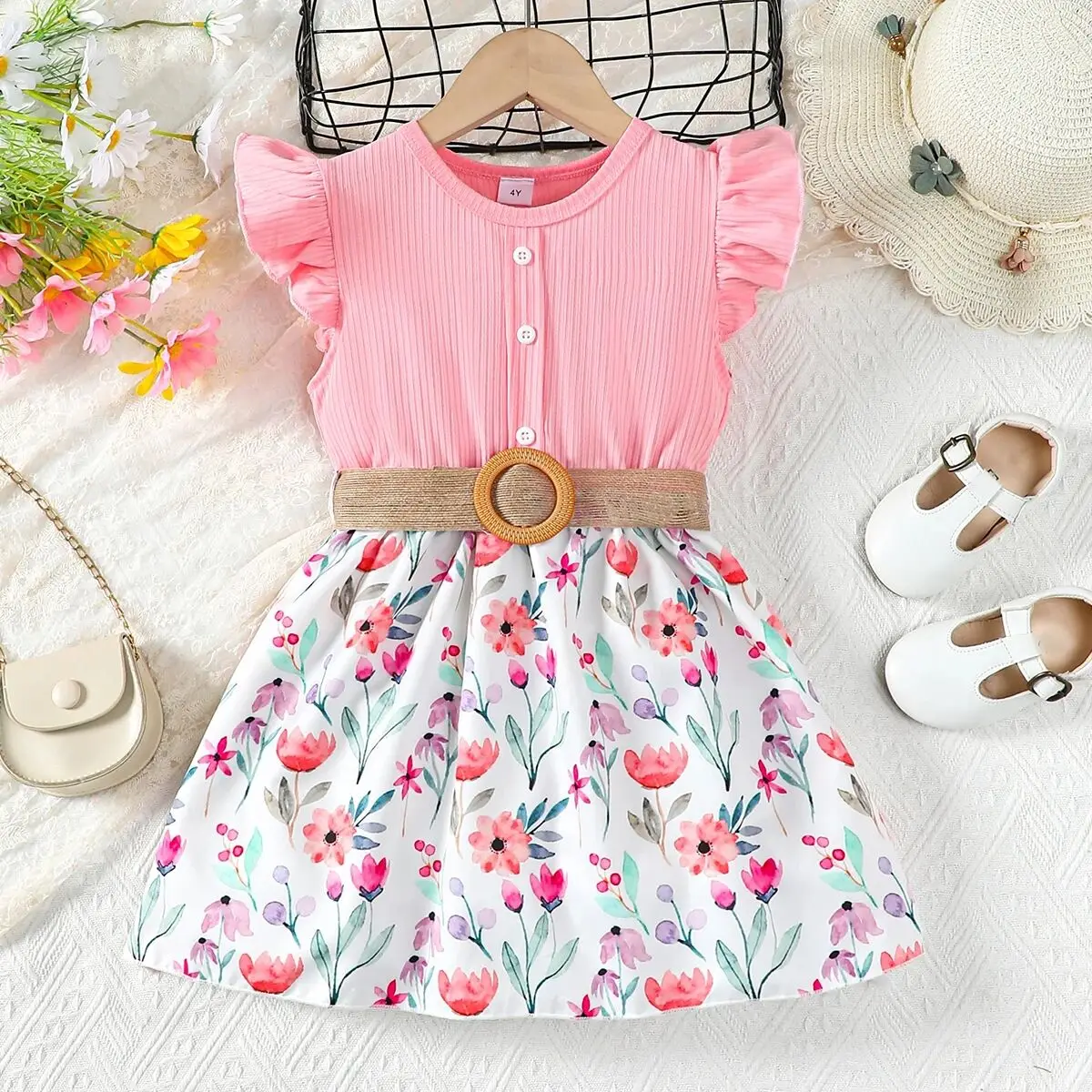 Dress for 4-7 Years Kids Baby Girl Flutter Sleeve Linen Belt Pink Floral Print Soft Breathable Fabric Children Girl Clothing