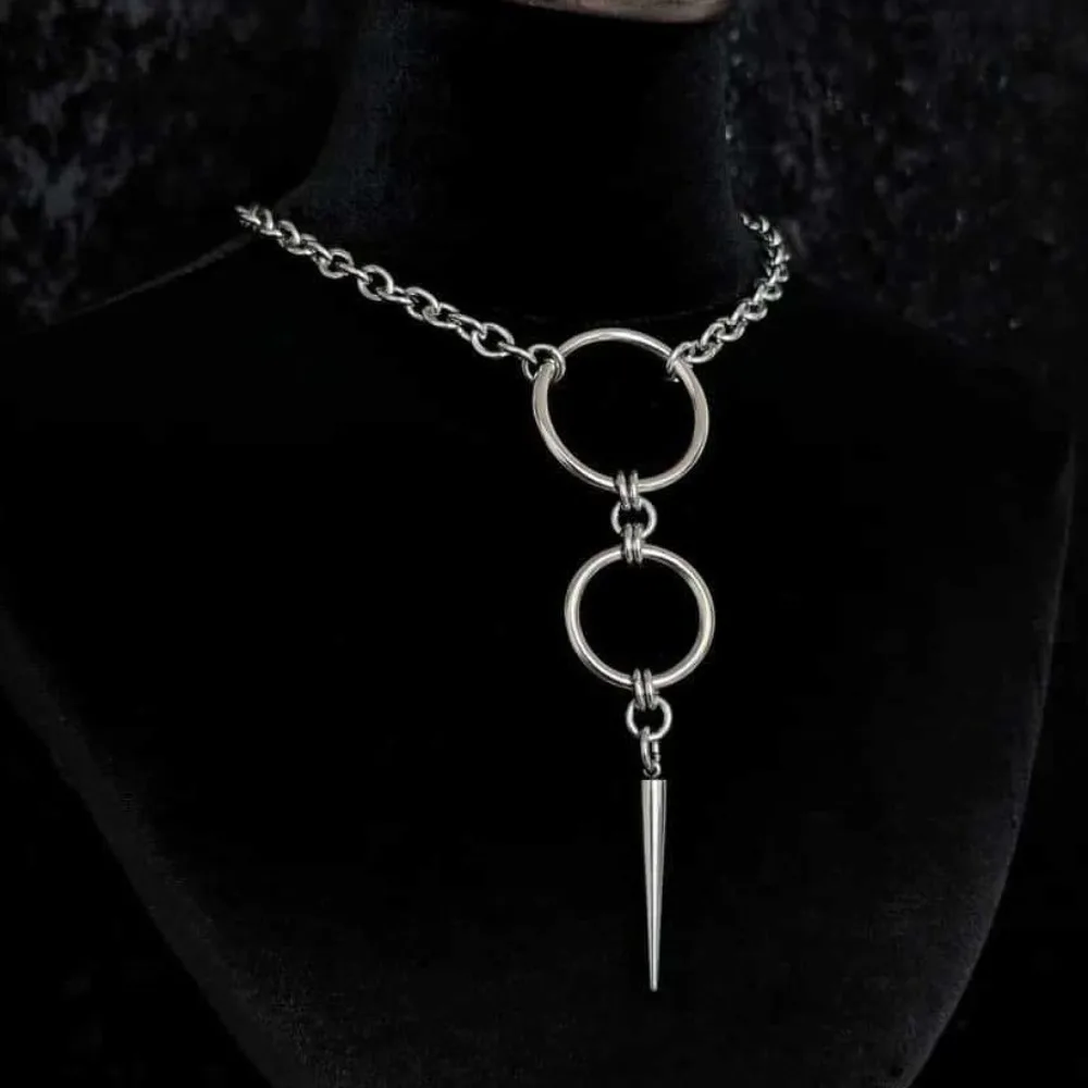 Punk Personality Silver Color Stainless Steel Circular Ring Long Rivet Pendant Choker Necklace for Men Women Jewelry Accessories