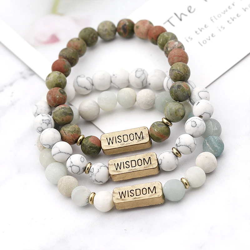 Funny Letter Wisdom Design Natural Stone Bracelet Bless Wish Beads Stretch Bangle ForSon Sister Daugther Birthday Jewelry
