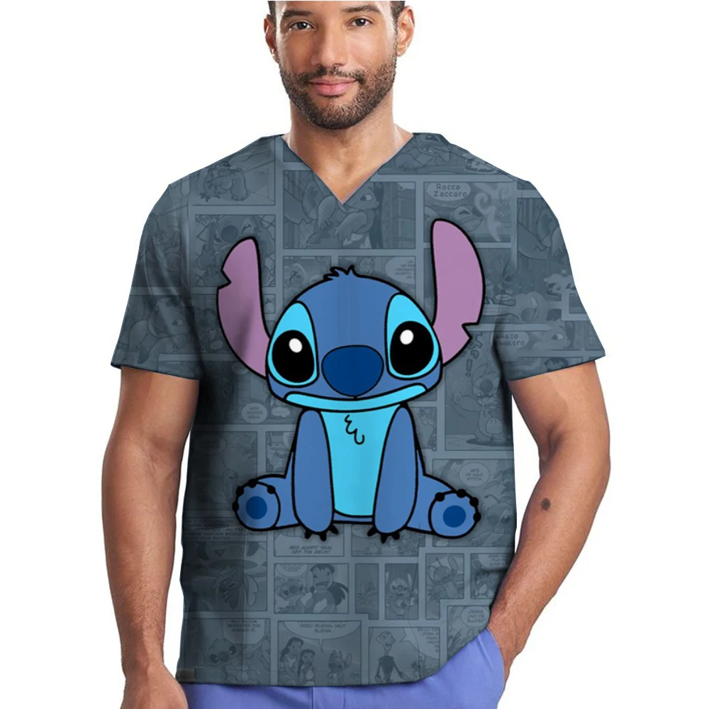 Men's Disney Stitch print Medical Uniform Set Male Wholesale Clinic Hospital Doctor Overalls V-neck Fashion Scrub Pharmacy Nurse