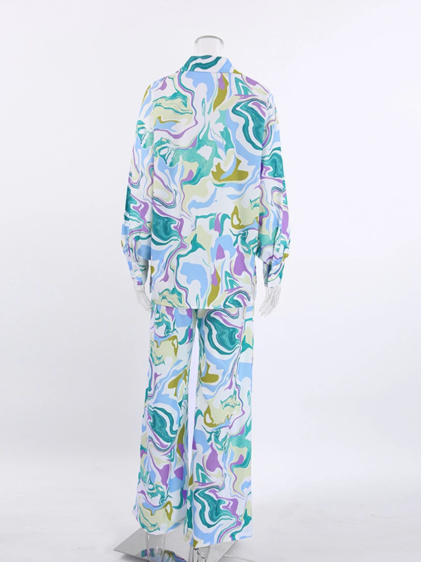 Marthaqiqi Casual Printing Women'S Pajamas Sets Long Sleeve Sleepwear Sexy Turn-Down Collar Nightie Wide Leg Pants Pijama Suits