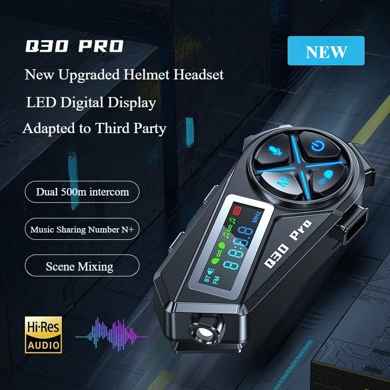 

Q30Pro Motorcycle Helmet Bluetooth Intercom Headset LED Lighting IP56 Waterproof Voice Assistant 500M Interphone FM Radio