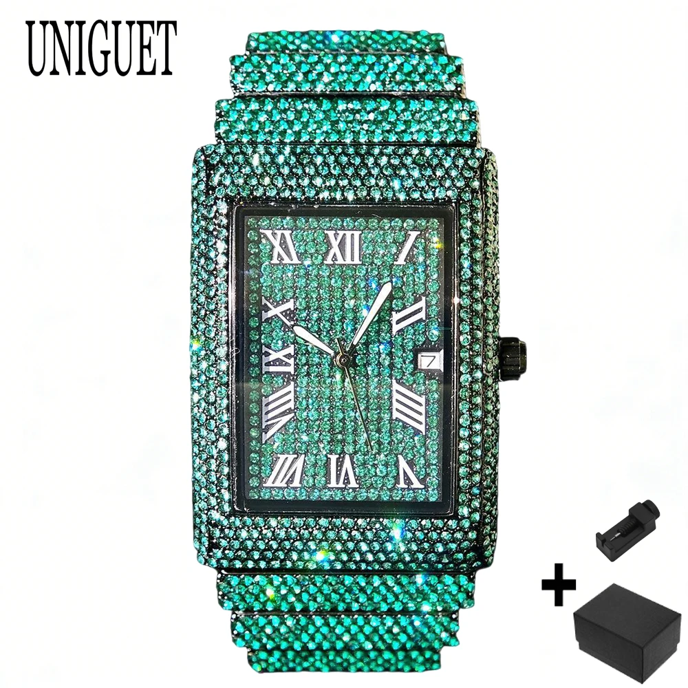 Luxury Watch Sale - นาฬิกาข้อมือหรูหรา UNIGUET สำหรับผู้ชาย นาฬิกาทรงสี่เหลี่ยมพร้อมตัวเลขโรมัน สไตล์ฮิปฮอป แร็ปเปอร์