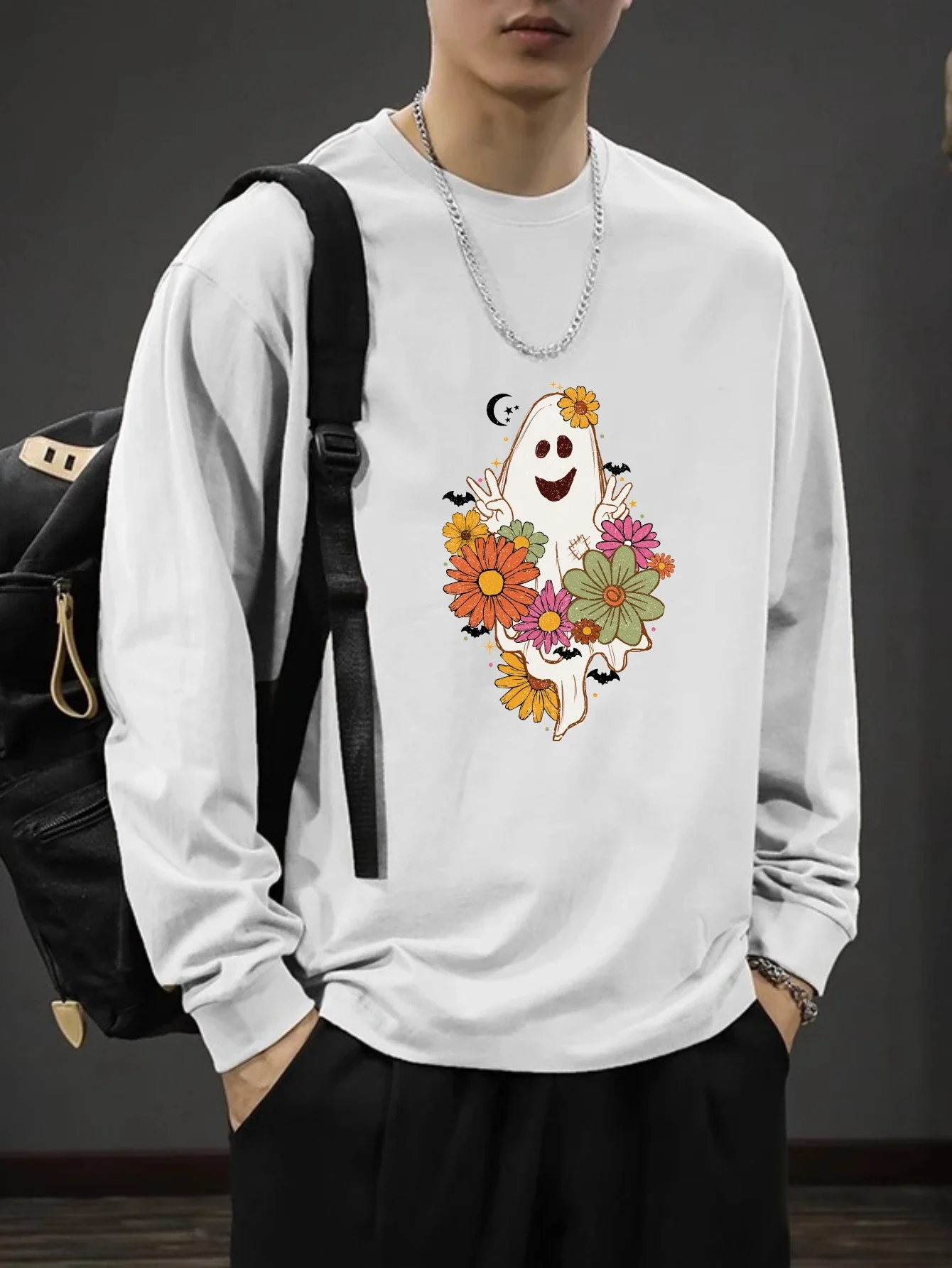 

2025 Spring Autumn Street Wear Halloween Printed T-shirt Gothic Retro Pattern Tshirt Y2k Men Comfortable Top Long Sleeve T-shirt