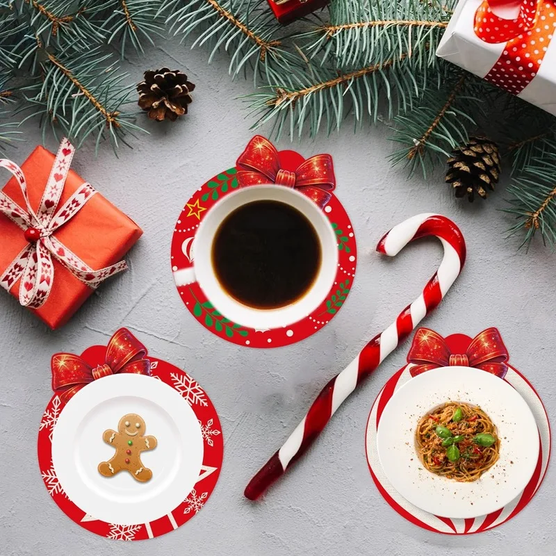 6pcsBowknot Christmas Ball Printed Table Mat，Reindeer and snowflake Christmas tree pattern placemats and coasters，Holiday Insula