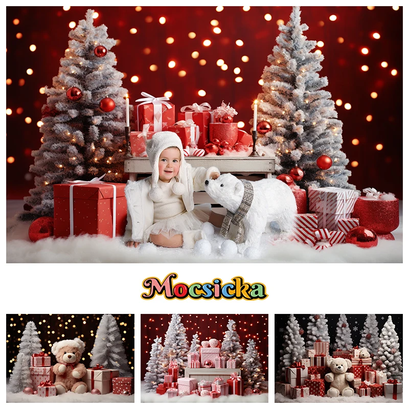 

Mocsicka Christmas Birthday Party Backdrop For Photography Xmas Tree Toy Bear Lamp Snow Baby Shower Decor Photo Background Props