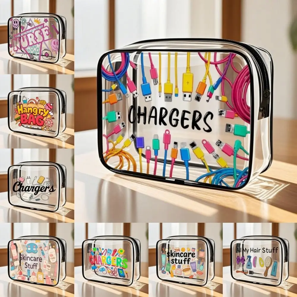 Portable Transparent Toiletry Handbag Waterproof PVC Cosmetic Pouch Single-Sided Print Zipper USB Storage Bag Travel Use