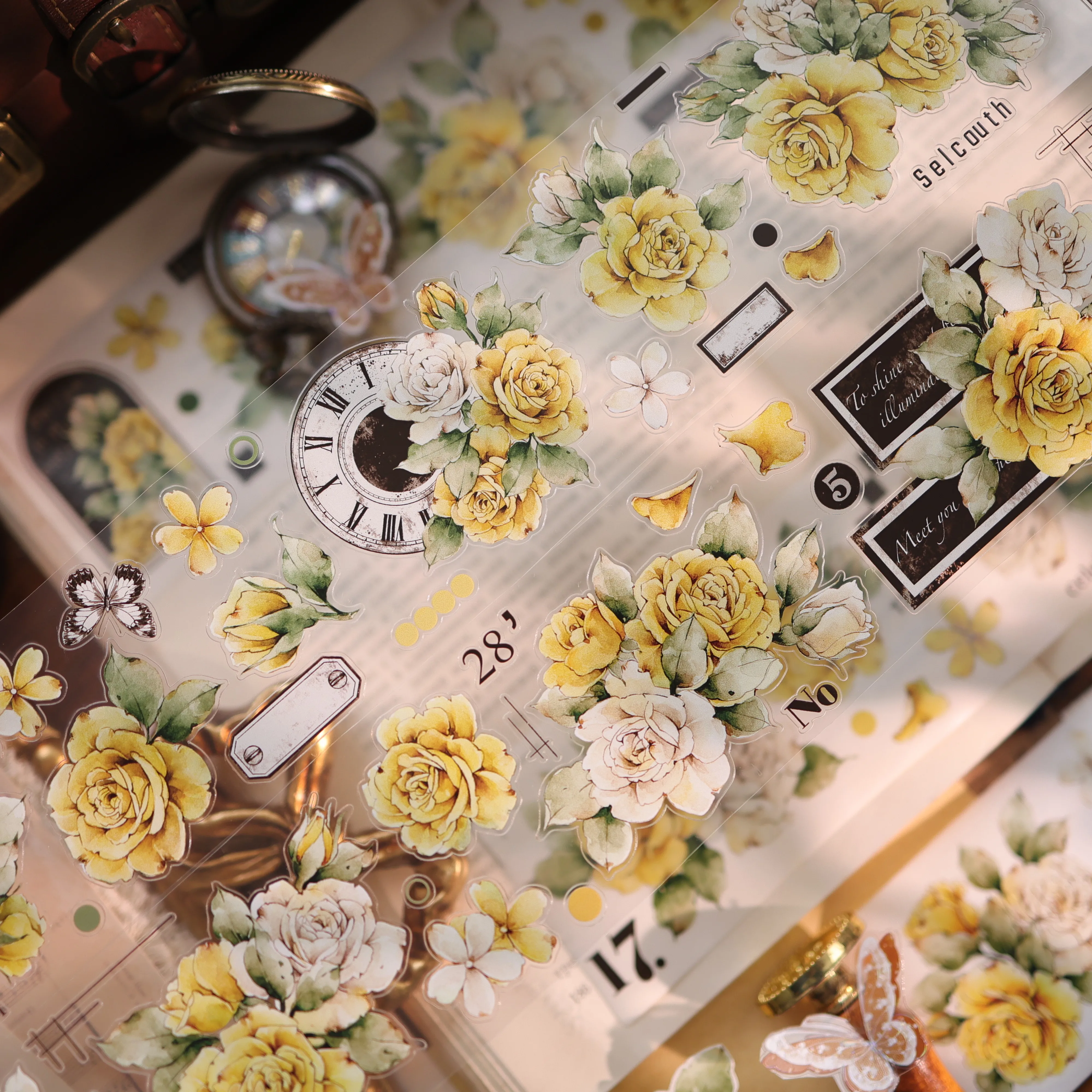 60mm*6m Vintage Flower Clock Landscape PET Tape Creative DIY Journal Material Collage Scrapbooking Stationery
