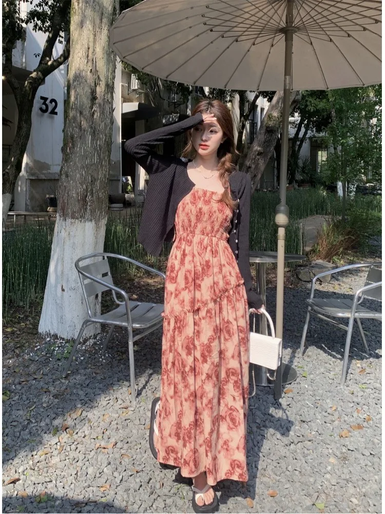 

plus Size Summer New Style Sun Protection Open Cardigan Coat Elegant Waist-Cinching Floral Halter Dress Two-Piece Set for plu...
