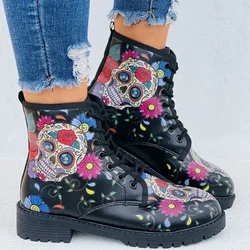 Digital Print Autumn Lady High Top Skull Pattern Boot 2022 British PU Women's Fashion Tooling Boots Outfdoor Woman Ankle Booties