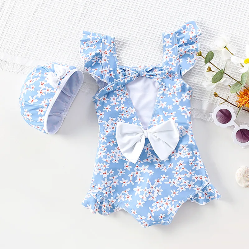 2-8T Flower Girls Swimwear Infant Kid Summer Floral Swim Clothes Set Bow Backless Bodysuit Quick-dry Sunscreen Swimsuit Outfit
